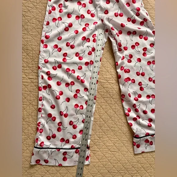 kate spade Cherry Print Satin Feel Pajama Set in Red and White with Black Trim - Picture 13 of 16